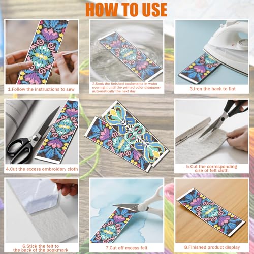 FREEBLOSS 6 Set Cross Stitch Bookmark Kit 11 CT Complete Stamped Cross Stitch Kit DIY Embroidery Bookmark Kits for Adult Beginners with Instructions, Retro Floral Pattern, 6 x 20 cm/8" x 2.4" - style: Retro Black Background