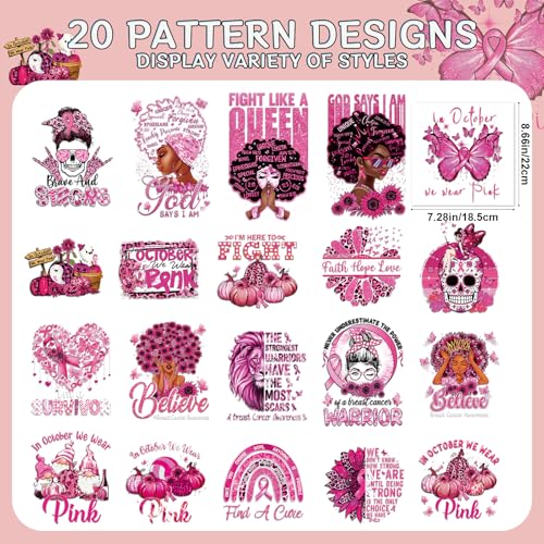Dtf Transfers Ready to Press - 20Pcs Breast Cancer Awareness Iron on Transfers for Tshirts, Pink Ribbon Iron on Decals Patches Heat Stickers for Breast Cancer Survivor Gifts Party Supplies - color: Breast Cancer Awareness854
