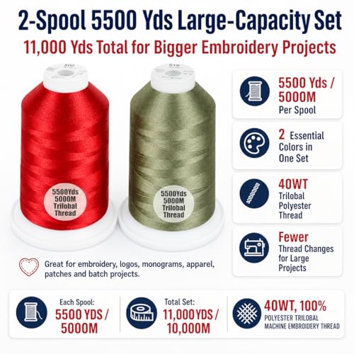 Simthread 2Pk 5500Y/5000M 40WT Polyester Embroidery Thread Red800 Green519 - color: Festive Duo(Red+Green)