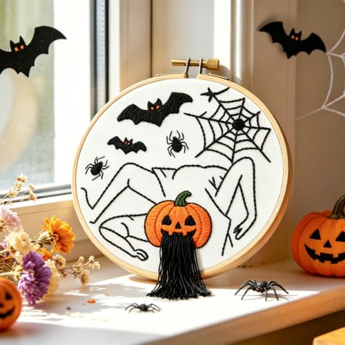 Halloween Embroidery Kits for Beginners Adults, Spooky Spider Bat Embroidery Kits, Stamped Cross Stitch Kits Needlepoint Kits for Adults Woman Halloween Gifts, Embroidery Hoop, Thread, Video Tutorial - color: H2076