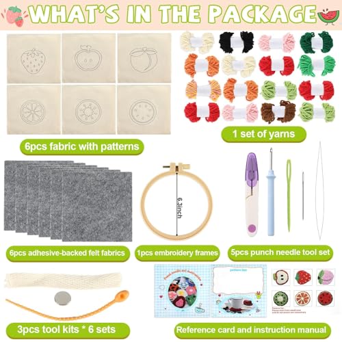 Justforjoyful 6 Set Punch Needle Embroidery Coasters Craft Kits Punch Needle Refrigerator Magnets Kit Tool Threader Fabric for Christmas Winter Beginners Adults DIY Handmade Gifts Party(Fruit)