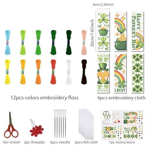 FREEBLOSS 6 Set Cross Stitch Bookmark Kit 11 CT Stamped Cross Stitch Kit DIY Embroidery Bookmark Kits for Adult Beginners with Instructions, St. Patrick's Day, 6 x 20 cm/8" x 2.4" - style: Saint Paul pattern