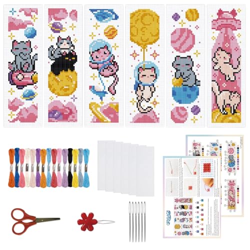 ORIGACH 6 Set Space Cat Cross Stitch Bookmark Kit for Beginner - style: Cats in Outer Space