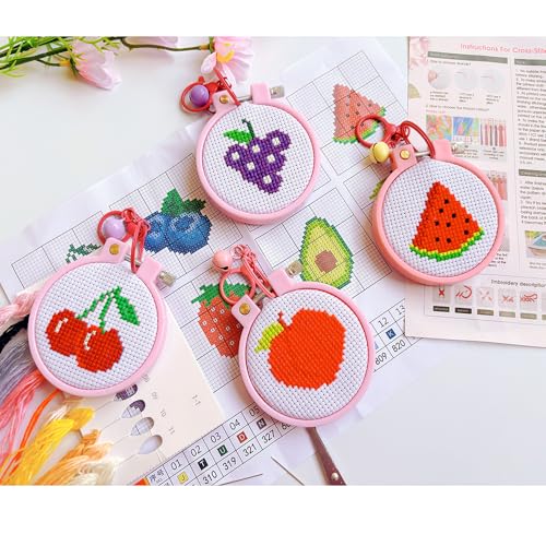 VIGEGU 8 Pack Fruit Stamped Cross Stitch Kits for Kids Beginners with Frame - color: Fruit