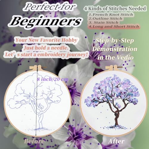 FONNUY Crewel Embroidery Kit for Beginners, Seasonal Tree Pre-Stamped Pattern Kits for Adults with Hoop, Easy to Follow Color Thread Needlework, 8'' (Purple) - color: Purple