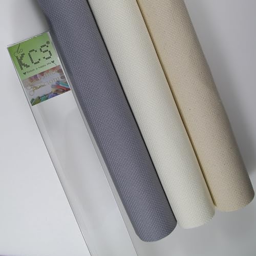 KCS 3 pc of 15" x 18"(38cmx45cm) Counted Cross Stitch Cotton Aida Cloth Needlework Rolled Fabric Box,18CT,Antique White+Oatmeal+Light Steel Grey - color: Antique White+oatmeal+light Steel Grey, size: 18CT