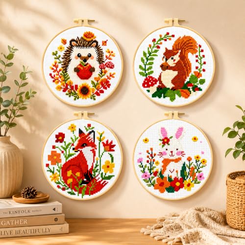 Zhenqing 4 Pack Woodland Animal Stamped Cross Stitch Kit, 11CT Printed Fox Squirrel Hedgehog Bunny Patterns with Hoop and Tools for Adults and Beginners - color: Fox Squirrel Hedgehog Bunny