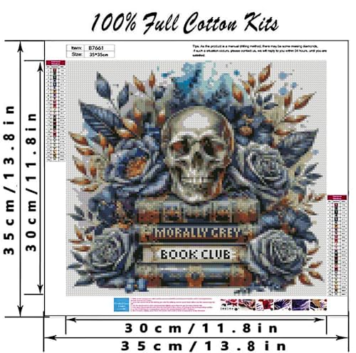 Skull Stamped Cross Stitch Kits Skull and Book Cross Stitch Patterns,Dimensions Cross Stitch Kits Embroidery Kit Arts and Crafts for Beginners 13.7x13.7 inch - color: D006