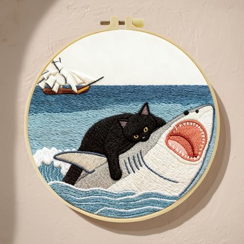 Black Cat Riding a Shark and a Sailboat Stamped Pattern Embroidery Kit for Beginners Adults Includes Cloth,Hoop,Color Threads,Needles and Instruction,Lover Hand Stitch with Embroidery Skill Techniques