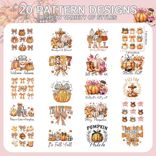 Fall Dtf Transfers Ready to Press - 20Pcs Falueqg Fall Bow Iron on Transfers for Tshirts, Pumpkin Bowknot Iron on Decals Patches, Hello Autumn Coquettee Bow Heat Stickers for DIY Clothes Bags Piilows - color: Fall661