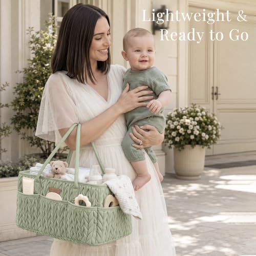 Konssy Baby Diaper Caddy Organizer, Braided Quilted Design with PU Handles - color: Fog Green
