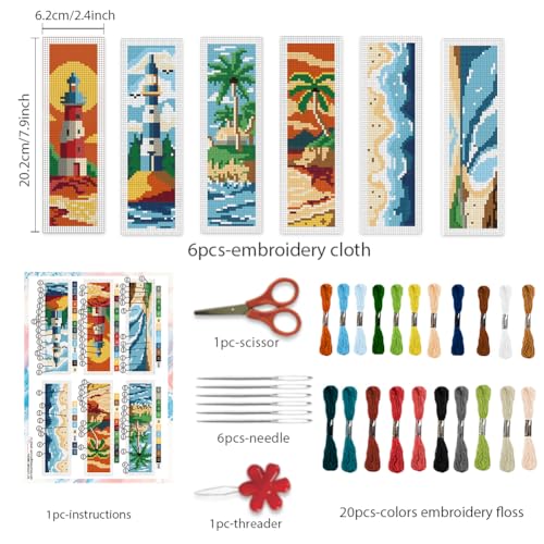 BEUNITONE 6 Pcs Summer Cross Stitch Bookmark Kits for Adults Beginners - style: Island Elements