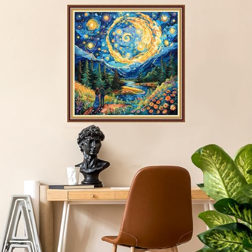 Fanxvivy Stamped Counted Cross Stitch Kits for Adults Printed Cross-Stitch Patterns 11CT Stamped or Counted Cross Stitching Embroidery Kit Needlepoint Kits-Van Gogh Couple Under Starry Sky 18x18 inch - color: Artkits34