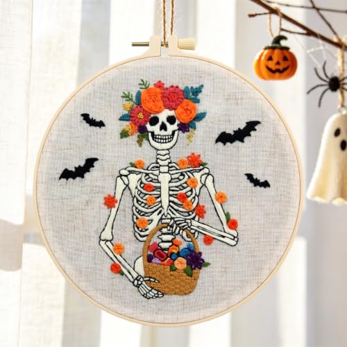 Halloween Embroidery Kits for Beginners Adults, Gothic Skeleton Embroidery Starter Kits, Halloween Cross Stitch Kits Needlepoint Kits for Adults Woman Gifts, Embroidery Hoop, Thread, Video Tutorial - color: H2101