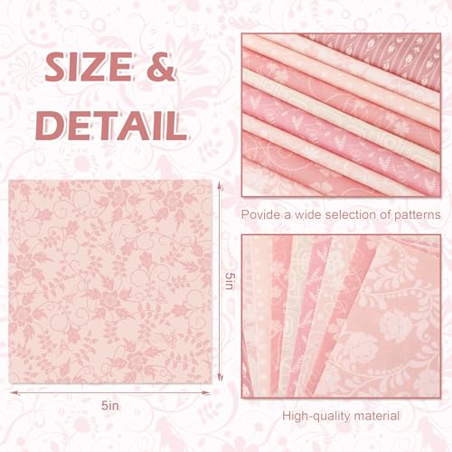 Whaline 60Pcs Flower Charm Square 5-Inch Cotton Fabric Squares Bundles Pink Floral Leaves Quilting Sewing Fabrics for DIY Handmade Craft Decor - size: 5 x 5 inch