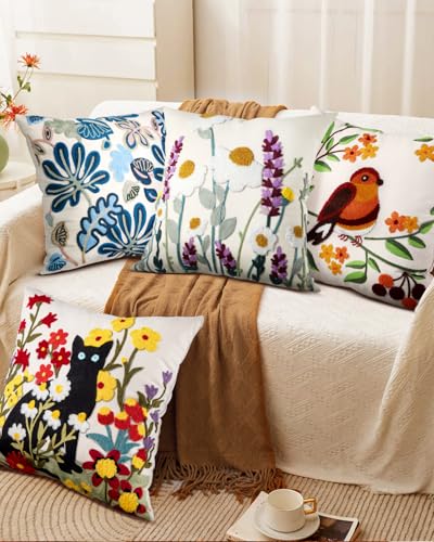 Embroidered Throw Pillow Cover, 18x18 Inch, Wildflower - color: Wild Floral, size: 18" x 18" (Pack of 1)
