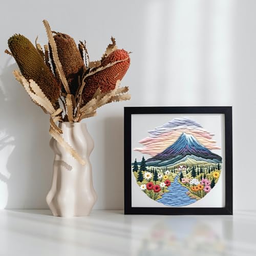FONNUY Embroidery Kit for Beginners, Flower Hill Nature Landscape Pre-Stamped Pattern Kits for Adults with Hoop, Easy to Follow Color Thread Needlework, 8'' Hoop (Purple Blue) - color: Purple Blue