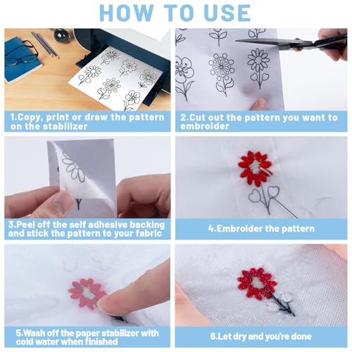 Sticky Water Soluble Embroidery Stabilizer 16PCS 8.3" x 11.7" Printable Wash Away Paper Stabilizer Allowed for Print or Draw Patterns Embroidery Transfer Paper for Hand & Machine Embroidery