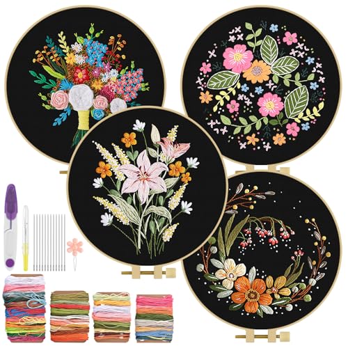 ERKOON 4 Sets Embroidery Kit, Floral Cross Stitch Set for Include Embroidery Cloth Hoops Threads for Craft Lover Hand Stitch(Floral) - color: Floral