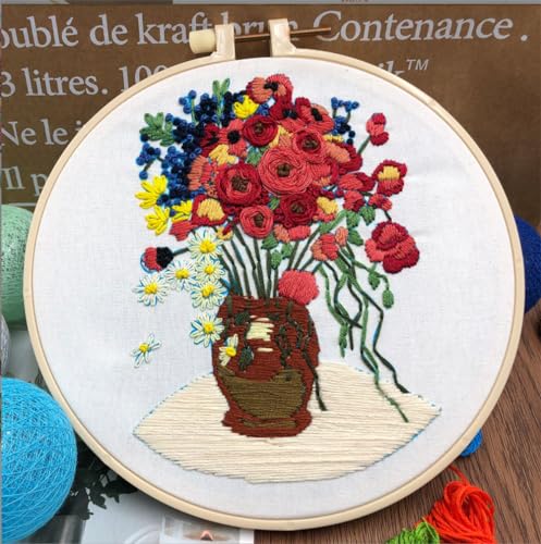 Meecaa Poppy Flower Embroidery Kit Starter Set, Hand Embroidery Set,Pattern Printed Cross Stitch Set for Beginner Adults, with Embroidery Hoop and Instructions (Daisy Poppy Flower) - color: Daisy Poppy Flower
