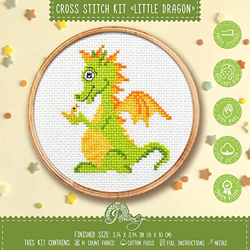 Povitrulya Baby Dragon Counted Cross Stitch Kit – Mandala Embroidery Pattern for Medium Starter - color: Green Dragon