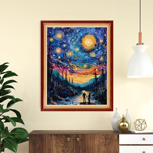 Funchey Stamped Cross Stitch Kits, DIY Cross Stitch Pattern for Adults Beginners Needlepoint Kits Embroidery Kit Arts and Crafts 11CT-Romantic Couples Under the Starry Sky 16x20 inch - color: Handicraft patterns05