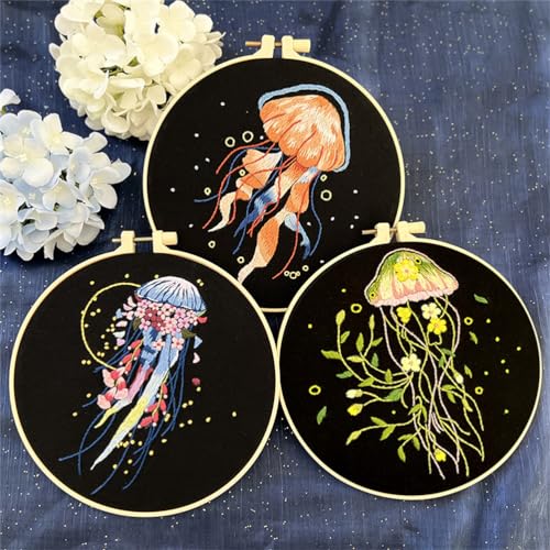 Meecaa 3 Pieces Jellyfish Flower Embroidery Kit Starter Set, Hand Embroidery Pattern Printed Cross Stitch for Beginner Adults, With Embroidery Hoop and Instructions (Jellyfish) - color: Jellyfish