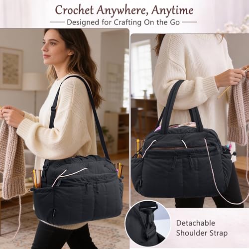 MYBAGZING Large Crochet Bag Organizer w/Crochet Hook Case & Yarn Grommets - color: Black