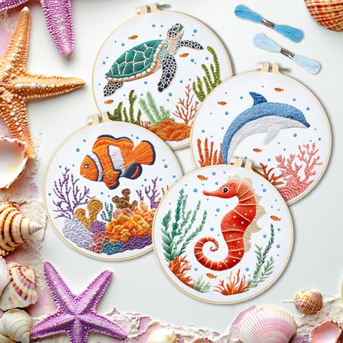 INFUNLY 4 Sets Whale Embroidery Kits for Beginners DIY Cross Stitch Starter Kits with Turtles Seahorses Patterns Fish Sea Animals Embroidery Kits with Instructions Embroidery Cloth Hoops Threads Tools - style: Marine animals
