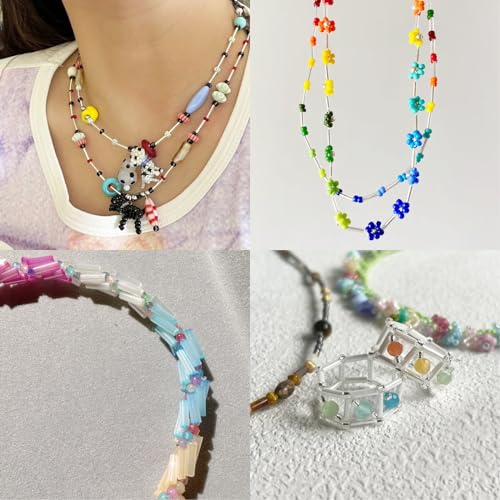JOJOPLAY Tube Seed Beads Crafts Glass Bugle Beads Embroidery Beads 7mm with Beads Needle Crystal String for Jewelry Embroidery Making (48 Colors)