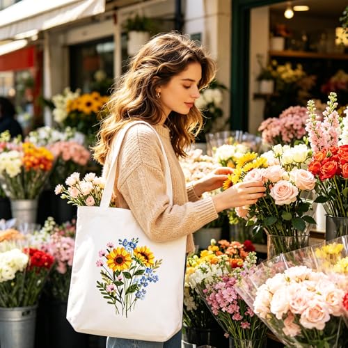 Vigdit Canvas Tote Bag Embroidery Kit for Beginners, Needlepoint Cross Stitch Kit for Adult Beginner, DIY Reusable Grocery Bags Embroidery Starter Kit with Stamped Floral Tools & Instructions - color: Flower3