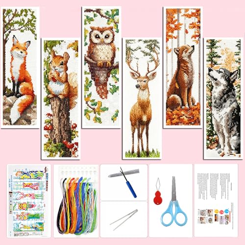 Zhenqing Woodland Animal Stamped Cross Stitch Bookmark Kit, 6 Fox, Squirrel, Owl, Deer and Wolf Designs on 11CT Printed Fabric for Adults and Beginners, DIY Reading Gift for Book and Nature Lovers - color: Animal-Themed Bookmarks