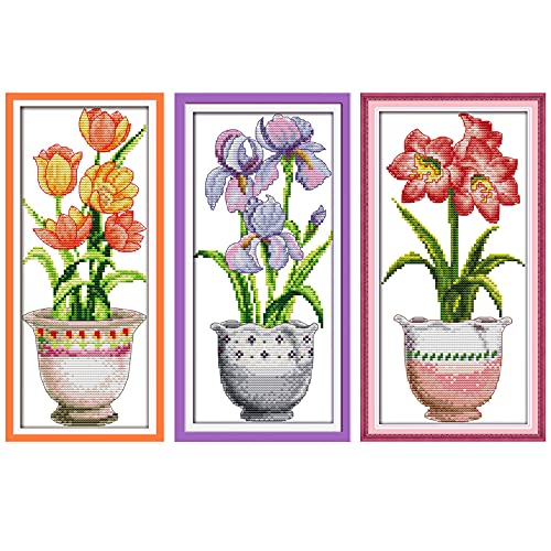 ITSTITCH Cross Stitch Kits for Adults 3 Pack Flowers 7.5x15 inch - color: Potted flowers，7.5x15 inch