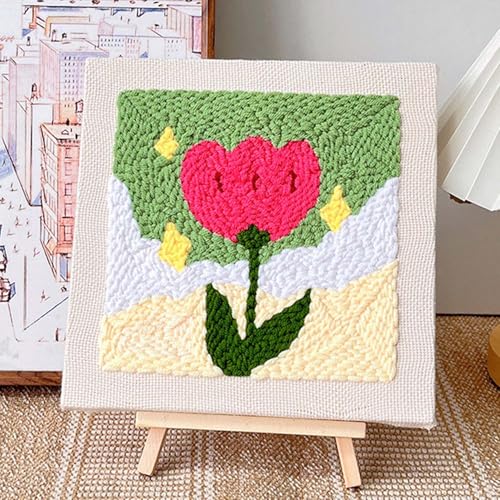 Allazone Punch Needle Embroidery Kit, Square Frame with Green and Pink Tulip Pattern, Includes Frame, Stand, Punch Needle, Scissors, Yarns, Adults Beginner Friendly - color: Green and White-2