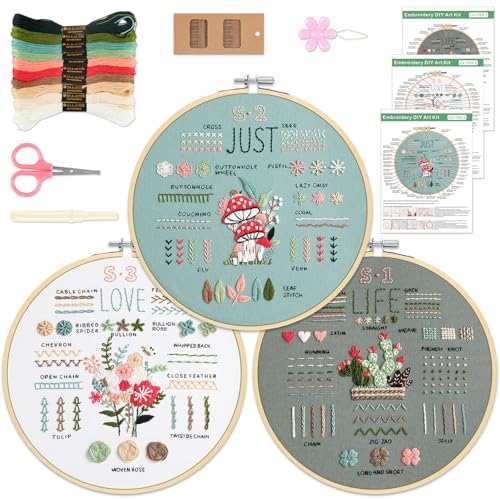 3 Sets Embroidery Kit for Beginners to Learn 36 Basic Embroidery Stitches Practice Kit,Hand Embroidery Cross Stitch Kits for Beginners with Embroidery Patterns, Hoop,Threads,Tools - color: Beginner Kit