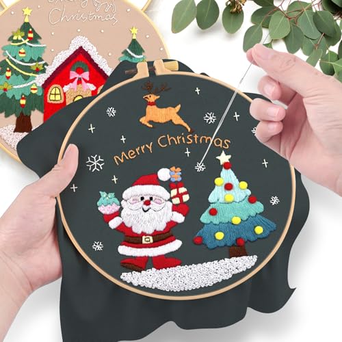 ERKOON 3 Sets Embroidery Kit for Beginners, Christmas Cross Stitch Set with Easy Pattern Embroidery Cloth Hoops Threads for Craft Lover Hand Stitch - color: 3pcs Christmas
