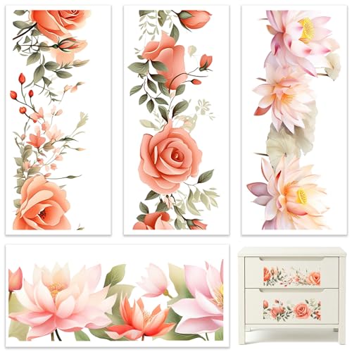 Rub On Transfer 4 Pcs Pink Floral Transfer Sticker for Furniture