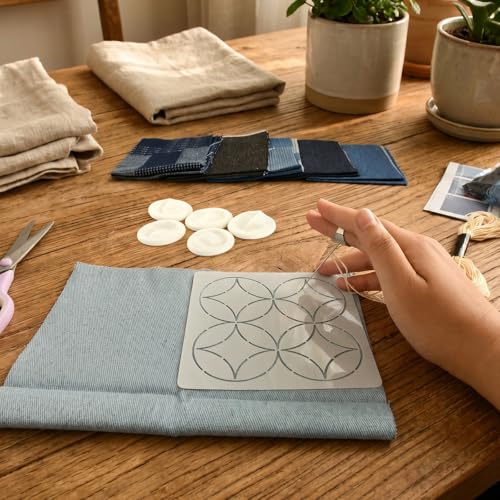 DOQXYAVM 45Pcs Sashiko Embroidery Kit for Beginners, Japanese Sashiko Stencil Kit with Geometric Templates, Fabric, Threads, Needles, Thimble, Complete Hand Quilting Stitching Sewing Supplies