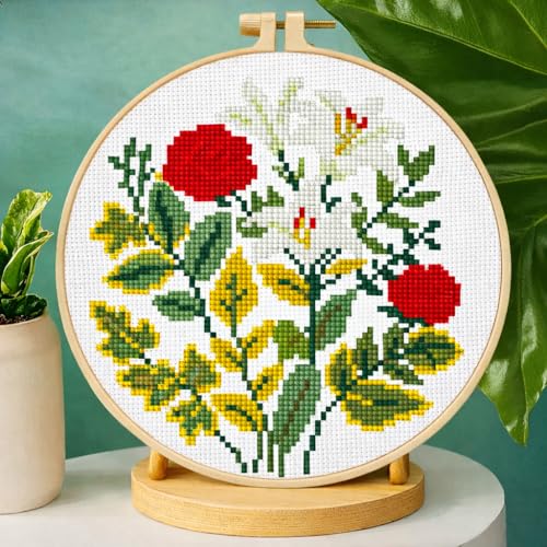 Zhenqing Rose and Lily Cross Stitch Kit for Beginners - 11CT 24x24cm Pre-Printed Pattern with Embroidery Hoop, Threads & Tools, Floral Design(70519) - color: Rose and Lily