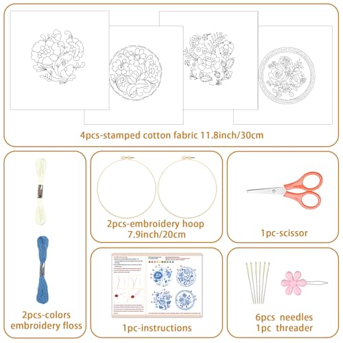 BEUNITONE 4 Set Embroidery Kit for Beginners, Blue Flower Cross Stitch Kits, Needlepoint Kits for Adults with Instructions and Full Kit, Classical Hand Embroidery Patterns for Cloth and Home Decor - style: B-Blue Flower