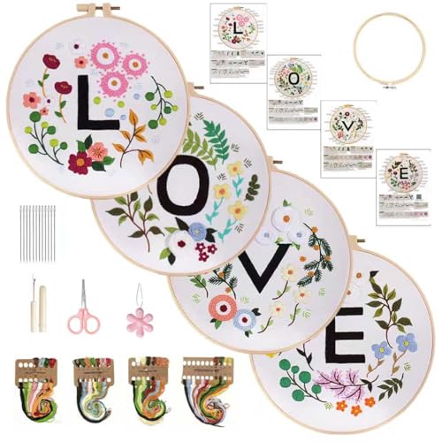 Vereela Embroidery Kit for Beginners Adults, 4 Pack Stamped Embroidery Starter Kit with Flower and Love Patterns, Hoops, Threads, Needles, Scissors and Instructions, DIY Craft Gift for Women Teens - color: white