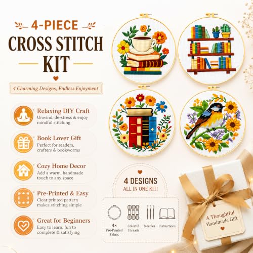 Zhenqing 4 Pack Book Lover Stamped Cross Stitch Kit for Beginners - color: 4 cozy book, flower and bird