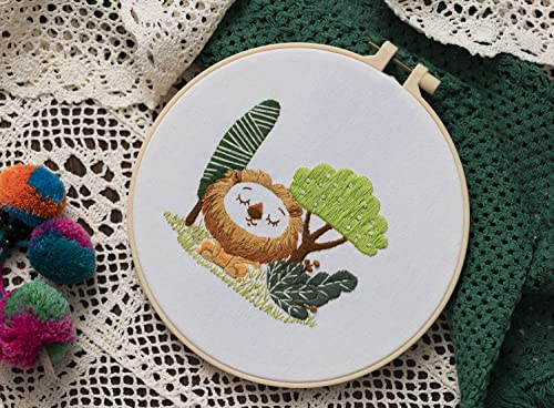 Ebherys Level 1 Embroidery Kits for Beginners and Adults, Different Animals Pattern, 1set as a Pack, inculde 1 Hoop, Instruction and Enough Threads, Easy and Basic Stitches (Lion) - color: Lion