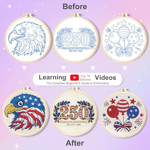 Huacan Embroidery Kit for Adults Beginners with 3 Hoops & Gift Box - color: US 250th Anniversary