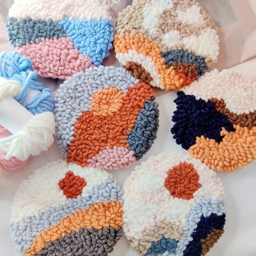 Allazone 6 PCS Punch Needle Coaster Kit with Landscape Patterns Yarns Tools, Felt Embroidery Hoop for DIY Craft - color: Landscape coaster