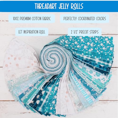 Threadart Teal Prints Jelly Roll - 40 Precut 2.5" Cotton Strips - color: Teal Prints
