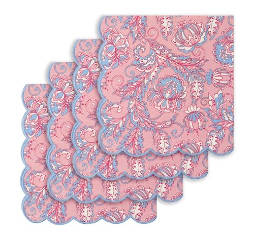 PurpleEssences Scalloped Cloth Napkins 18x18 in - BlushPink Edge Light Blue - color: Blush Pink Edges - Light Blue