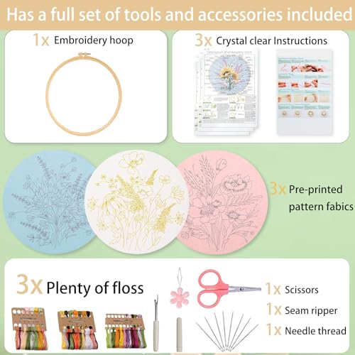 Ohcol 3 Sets Embroidery Kit,Cross Stitch Kits Needlepoint Kits for Adults Beginner,Needle Point Kits with Washable Pre-Printed Floral Pattern,Hoops,Women DIY Hand Crafts - color: Flowers (3 Patterns,1 Hoop+ Extas)