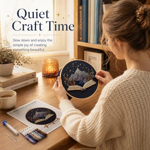 Qvthpv Embroidery Kit for Beginners, Stamped Mountain Book Night - color: Mountain Story Night