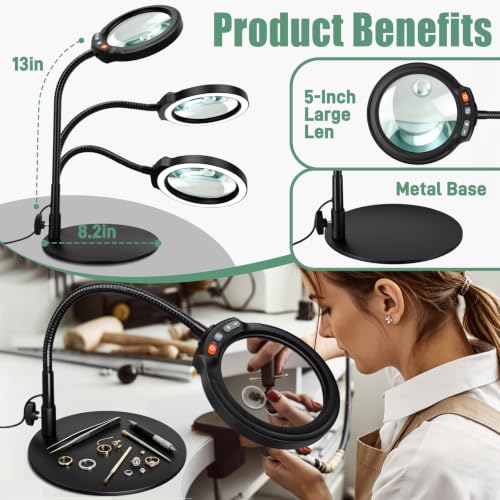 30X 10X Large Magnifying Glass with Light and Stand, 5-Inch Optical Grade HD Lens, 5 Color Modes Stepless Dimmable LED Desk Lamp, Hands Free Gooseneck Lighted Magnifier for Craft Painting Close Work - color: Black